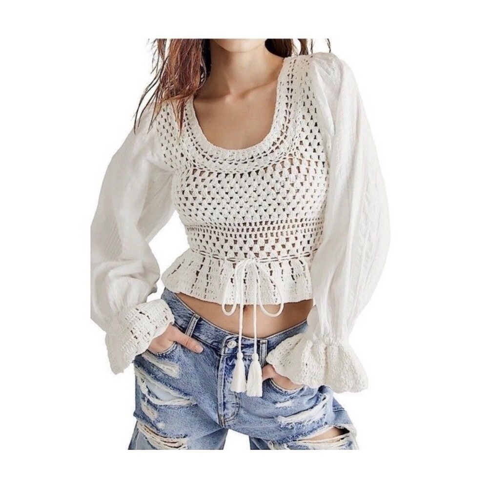 Free People Megan Crochet Top Size XS Ivory Puff Sleeves Open Back Boho Whimsy